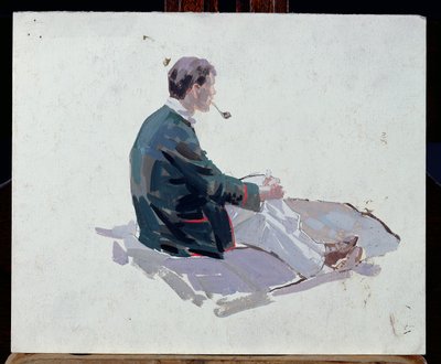 Man sitting upon rocks smoking a pipe by Harry Watson